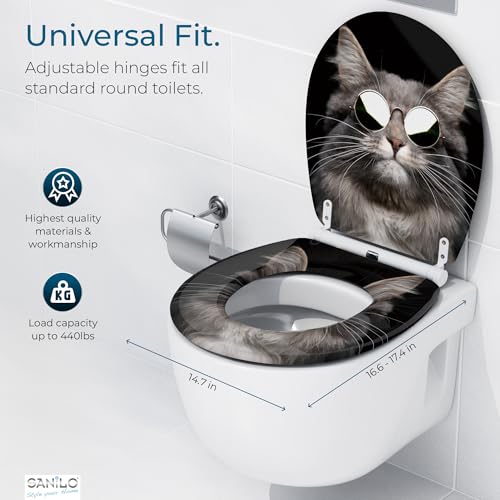 Image of Sanilo Wooden Toilet Seat with Quick Release & Soft Close [ROUND] - Decorative & Slow Close Molded Wood Seat - With One Click for Easy Installation & Cleaning - With Adjustable Fit (Cool Cat)