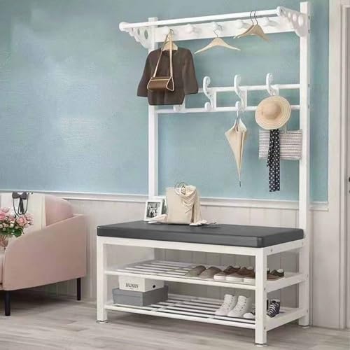 Elegante árbol de entrada con banco acolchado para zapatos y perchero de metal, solución de almacenamiento inteligente para el hogar para abrigos, zapatos y accesorios