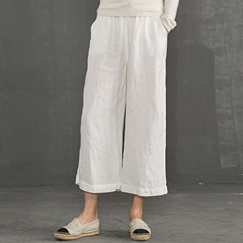 Womens Linen Cropped Pants Loose Casual Capri Cotton Wide Leg Plus Size Elastic Waist with Drawstring Trouses4
