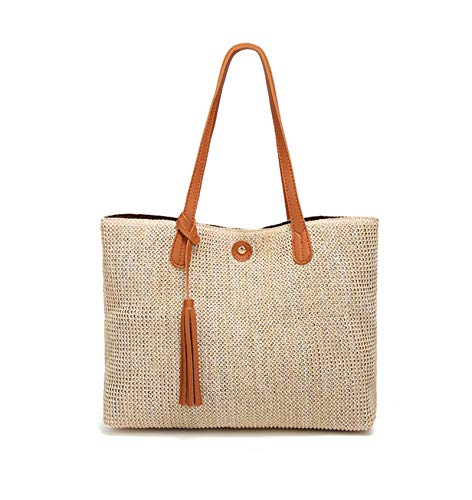QZUnique Women's Summer Beach Straw Bucket Tote Bag With Tassel Shoulder Bag Purse