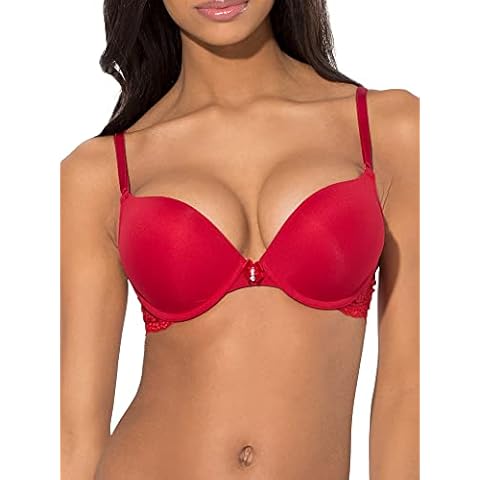 Smart & Sexy Women's Maximum Cleavage Underwire Push Up Bra, Red with Lace Wings, 42C Cover