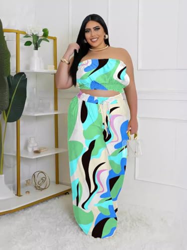 Image of Two Piece Sets for Women Summer Outfits Crop Tops and Wide Leg Pants Sets Sexy Jumpsuits Vacation Outfits with Pockets