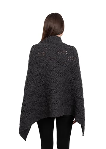Image of SAOL Aran Poncho 100% Merino Wool for Ladies with Buttons V-Neck Shawl Cardigan