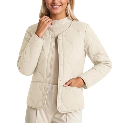 Image of Eauptffy Quilted Jacket Women's Stand-Up Collar Transition Jacket Button Down Jacket Warm Winter Jacket Long Sleeve Loose Outdoor Jacket Plain Quilted Coat with Pocket Padded Winter Coat, Z3 White