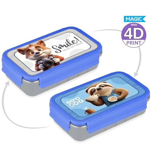 Image of Aliensware 4D Bento Kids Lunch Box with 2 Compartment, Microwave-Safe BPA Free Advance Coating Stainless Steel Kids Lunch Box, Food Grade Tiffin Box for School, College, Picnic, office-500ml(MB03-BLU)