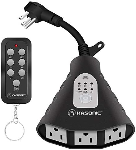 Kasonic Outdoor Light Timer Outlet, Waterproof Light Sensor Countdown Timer, 100 Feet Range Remote Control with 3 Grounded Electrical Outlets; ETL Listed