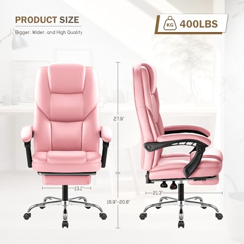 Image of Furmax Executive Office Chair with Foot Rest Big and Tall Office Chair Ergonomic Home Office Desk Chairs Reclining High Back Leather Chair with Lumbar Support, 400LBS (Pink)