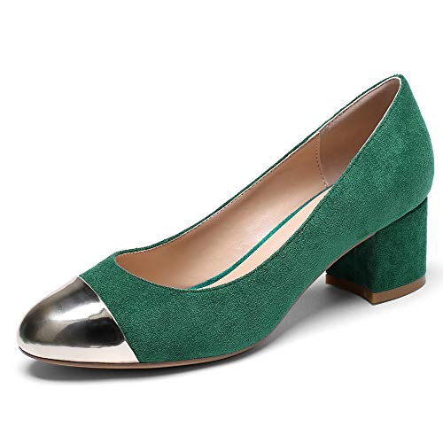 YODEKS Women's Mid Heel Pumps Shoes Round Toe Color Stitching High-Heel Slip On Pumps Manmade Leather 2