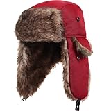 SATINIOR 1 Piece Unisex Trapper Hat with Chin Strap Faux Fur Earflaps Hat Winter Hunting Hats Warm Hat for Women Men (Red)