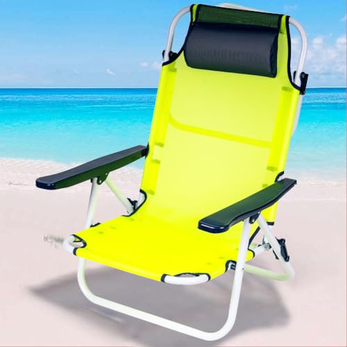 BAKAJI Tumbona plegable portátil con respaldo reclinable, con estructura tubular de aluminio, revestimiento de tela de textileno, reposacabezas acolchado para playa, playa, camping (verde neón)