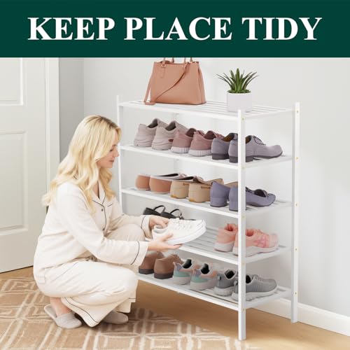 Image of Smiry Bamboo Shoe Rack, 5 Horizontal Slats, 5 Tier - 26.8 inch Wide, White
