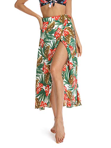 OCHENTA Women's Boho Floral Tie Up Waist Summer Beach Wrap Cover Up Maxi Skirt 1 Green L