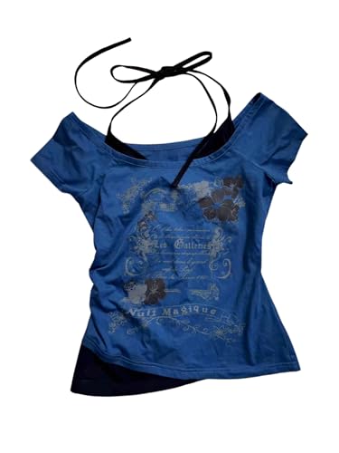 SOLY HUX Women's Y2k Graphic Halter Neck T Shirt Ruched