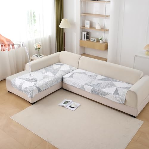 Image of HOKIPO 'Elira Series' Polyester Blend Printed Water Repellent + Waterproof Quick Dry L Shape (3+2 Seater) Sofa Seat Cover Mat, Snow White Black Geometry (AR-5249-C9 + AR-5246-C9)