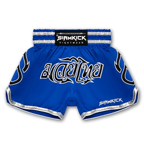 SIAMKICK Elite Muay Thai Shorts for Men Women Boxing Kickboxing High Grade MMA Fight Clothing Training Workout Trunks (Large, Invictus Blue)
