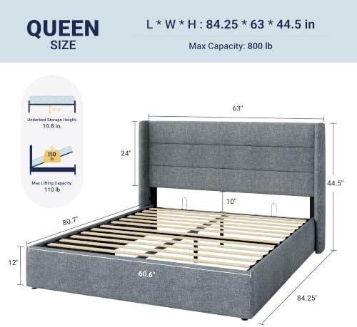 Allewie Queen Size Lift Up Hydraulic Storage Bed Frame Blue Grey - 1