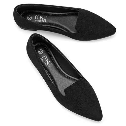 Image of MUSSHOE Black Flats for Women Pointed Toe-Comfortable Business Casual Work Shoes, Dressy Suede Slip On with Memory Foam for Office, Teacher & Standing All Day