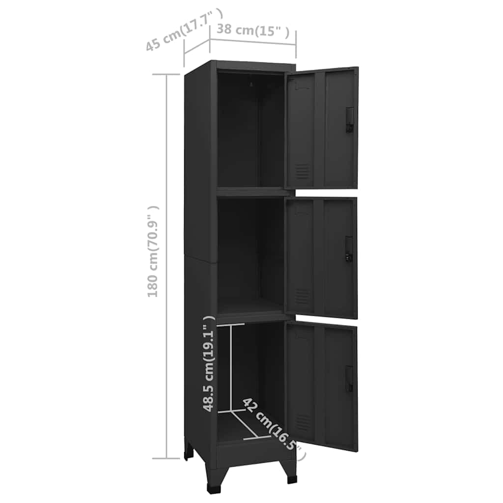 Armadietto portaoggetti in Acciaio Nero per impieghi gravosi 38x45x180 cm, Contenitore in Metallo con Serratura, 3 Ante, Prese d'Aria e Porta targhette per Ufficio, Scuola, Garage - Soluzion
