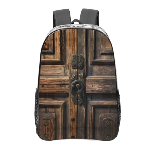HJLUUFT Rustic Antique Wooden Door print See Through Backpack Bookbag Clear Backpack Plastic Bookbag for Work,Concert,College, Transparent, One Size