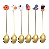 Garneck 6pcs Halloween Golden Coffee Spoons Stainless Steel Desert Spoons with Pumpkin Ghost Witch Hat Design Multi-Purpose Teaspoon Halloween Party Serving Utensils for Home Restaurant