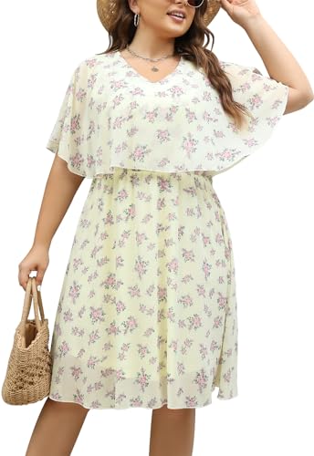 Image of Keluummi Plus Size Wedding Guest Dress for Curvy Women, Boho Floral Empire Waist Midi with Sleeve
