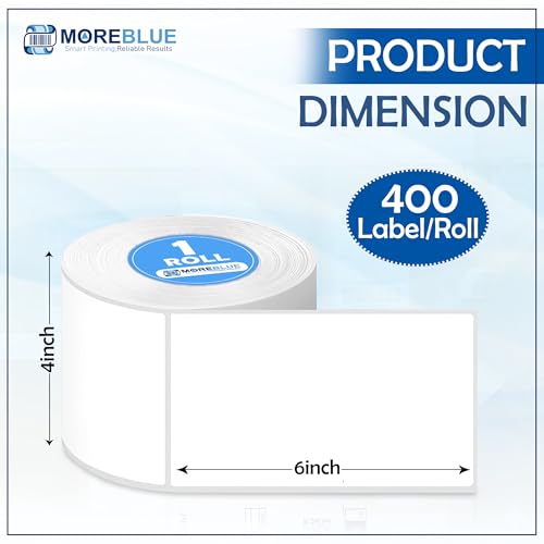 Image of MOREBLUE 4x6 Thermal Label Roll 6 Roll, 2400 Self-Adhesive Shipping Labels, Strong Sticky Smudge-Free & Jam-Free Thermal Printer Labels for Ecommerce & Courier Shipping Stickers