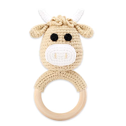 Image of Eunikroko Baby Rattle Crochet Highland Cow Baby Rattle Teething Toy for Baby Girl Wooden Rattles Teething Ring Handmade Knit Stuff Farm Animal for Doll Newborn Gift