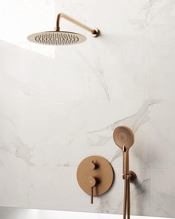 Sistema de ducha empotrado cobre cepillado SIRIO con rociador superior y ducha de mano | Grifería monomando completa baño diseño moderno