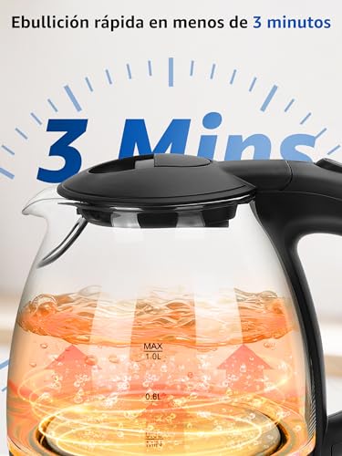 Miniatura 3 de Aigostar Elfin - Hervidor Agua Electrico 1 Litro, 2200w Hervidor De Agua Pequeño, Iluminación Led, Vidrio De Borosilicato, Rápida Ebullición, Libre De Bpa, Negro, Portátil Para El Hogar O Viajes