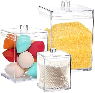 Youngever 1800ML, 900ML and 450ML Clear Plastic Apothecary Jars Set of 3, Re-usable makeup organiser, Qtip holders, cotton pad holders, Square Shape