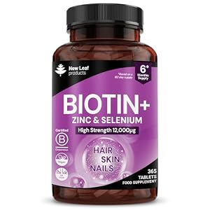 Biotin Hair Growth Vitamins 12,000mcg 365 D-Biotin Tablets Enriched with Zinc & Selenium – Vegan Hair Skin & Nails Vitamins for Women and Men High Strength Hair Vitamins – UK Made by New Leaf