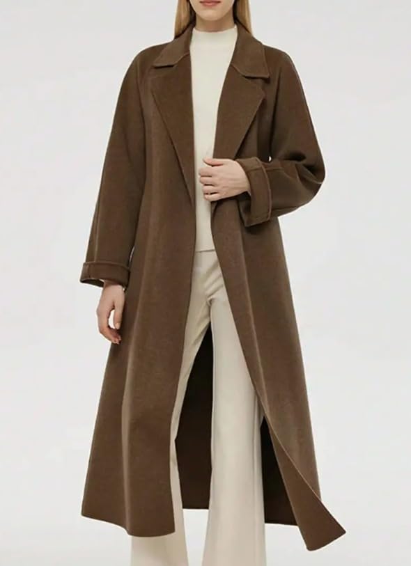 utcoco Women's Belted Trench Coat Elegant Notch Lapel Long Sleeve Maxi Length Fall Winter Overcoat3