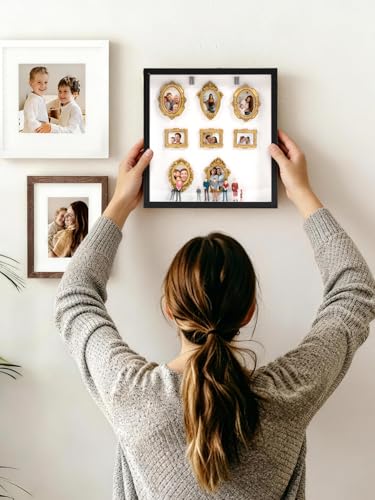 DIY Mini-Museum-Silhouette-Box, Personalisierte Familienfoto-Schattenbox-Rahmen mit 8 Goldenen Mini-Rahmen und 8 Mini-Figuren, für Heimdekoration, Jubiläen, Geburtstage und Weihnachten (Schwarz)