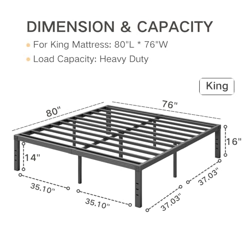 COMASACH King Size Bed Frame 16" Tall Heavy Duty Black Metal Platform Bed Frame,Sturdy Steel Frame,No Box Spring Needed,Noise-Free,Easy Assembly