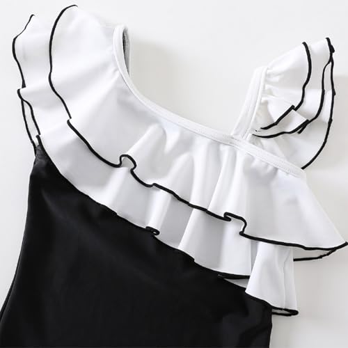 Toddler Swimsuit Girl Kids Color Block Ruffle Sleeveless One Shoulder Bathing Suit Summer Swimwear with Swim Hat3