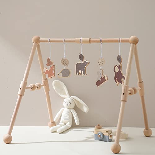 Image of Etucdose Wooden Baby Gym with 5 Gym Toys, Detachable Wooden Play Gym Frame Activity Gym Hanging Bar Baby Toy for Activity Gym, Ages Newborn + (Jungle Animal Theme)
