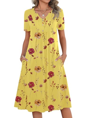 Zeagoo Vestidos para Mujer Casual Short Sleeve A Line Summer Sun Dresses with Pockets V-Neck Button Decor Midi T Shirt Dress