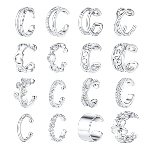 Jewdreamer 16Pcs Ear Cuffs for Women Non Piercing 14K Gold Silver Ear Cuffs Earrings Non Pierced Clips On Cartilage Earring Fake Earrings Lightweight