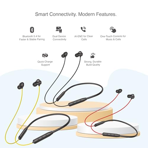 Image of Walta NEO 3 Bluetooth Neckband (in-Ear) with ENC, 45H Playback, Bluetooth 5.4, Type-C Quick Charge & Powerful Bass - Yellow Color