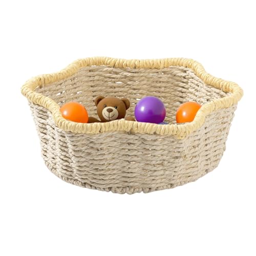 Woven Basket - Tabletop Rattan Food Serving Basket | Natural Cotton Rope Baskets | Decorative Handwoven Organizer For Fruits, Snacks, Home Kitchen, Pantry, Countertop, Dining Table