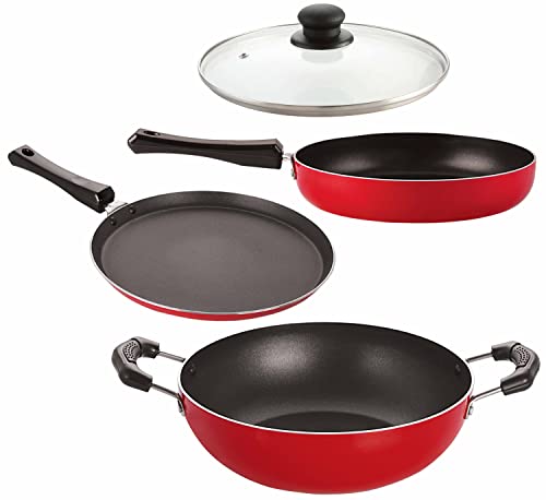 Image of Nirlon Non Stick Aluminium Gas Compatible Kitchen Cooking Utensil Item Combo Set -4-Pieces (Flat Tawa|Fry Pan|Deep Kadhai(J)|1 Glass Lid)-32mm FT12 FP13 DKD(J) 1GLID