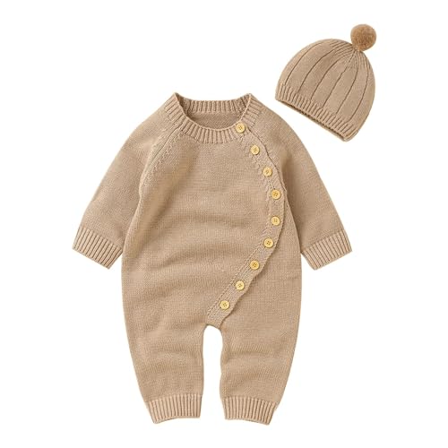 El Mejor Listado de Ropa de punto para Bebé para comprar hoy. 50 Conjunto de ropa y sombreros para bebés recién nacidos, suéteres de punto liso para niños y niñas, monos, mamelucos (Caqui, 0-3 Meses)