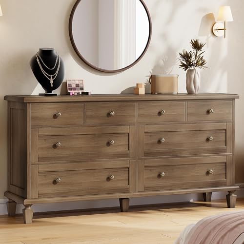 Garvee 8 Drawer Dresser for Bedroom, Vintage 59" Long Dresser TV Stand with Carved Handles and Tapered Legs, Wood Chests of Drawers with Large Capacity, Light Brown - image 3