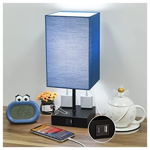 Sailstar Upgraded Table Lamps with USB C+A Charging Ports & 2AC Outlets, Navy Blue Bedside Lamp for Bedroom, 3 Way Dimmable Touch Lamp, Small Space Nightstand Lamp for End Table, Bulb Included