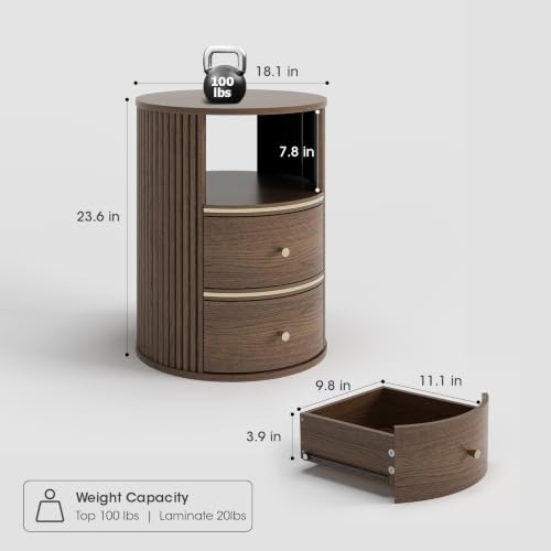 Image of JOINICE Walnut Round Nightstand with Storage, Open Shelf and 2 Drawers