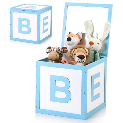 Chunful Wood Baby Shower Box Abc Display Box for Party Decorations with Alphabet Letters Personalized Shower Gifts Basket Party Blocks Backdrop for Boys and Girls(Blue,White)