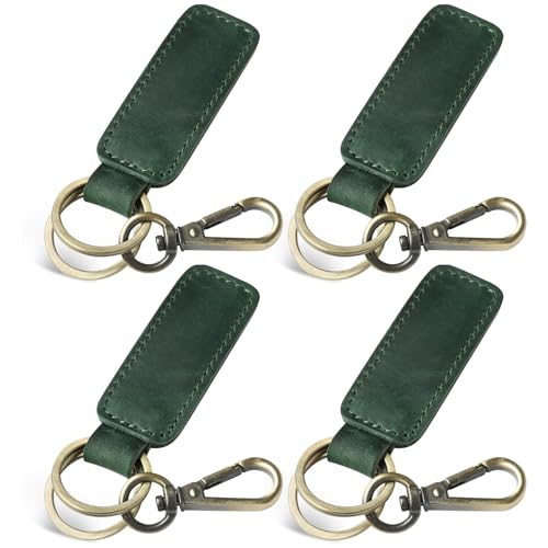 Jack&Chris Genuine Leather Car Keychain, Universal Key Fob Keychain, Leather Key Chain Holder for Men and Women, 4 PACK-GREEN