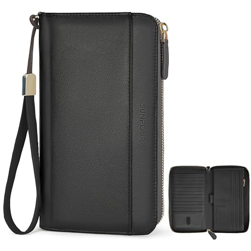 Image of Large Capacity Travel Wallet for Women,RFID Blocking Zipper Wallet with AirTag Slot,Passport Holder Clutch with Wristlet(Black)