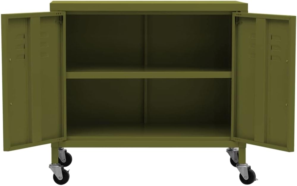 4-Piece Olive Green Steel Storage Cabinet with Adjustable Shelves and Lockable Wheels for Home Organization and Industrial Style Decor