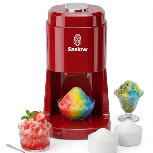 Saalow Electric Shaved Ice Machine, Professional Snow Cone Maker with Adjustable Thickness Settings, High-Efficiency 135W Motor, Portable Ice Crusher for Fluffy Ice & Slushies, Includes 2 Ice Molds